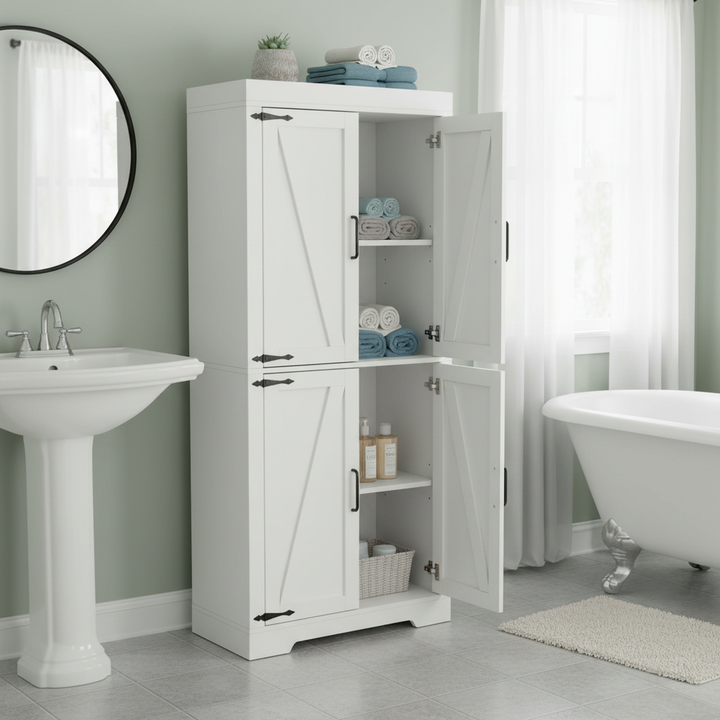Meuble de rangement de cuisine FurnitureR de 173 cm de haut, armoire autoportante en bois avec 4 étagères et 4 portes, meuble blanc pour salle à manger, salon, bureau