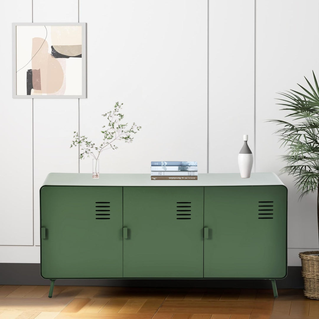 Meuble TV industriel en métal FurnitureR pour téléviseurs jusqu'à 50 pouces, console multimédia 3 portes avec étagères, centre de divertissement de 120 cm (47,24 pouces) pour salon, vert