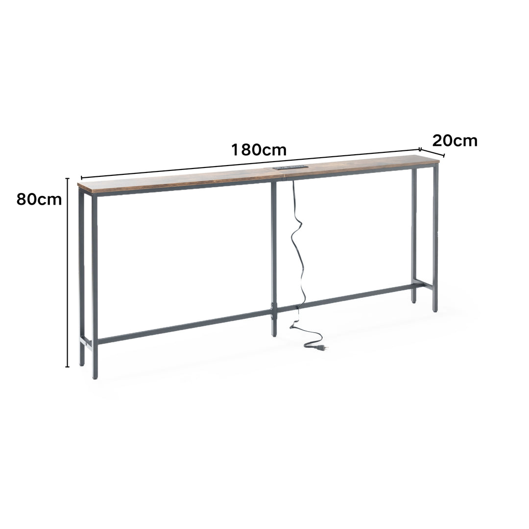 Console étroite FurnitureR, 180 cm (70,8 pouces), idéale derrière un canapé, avec station de charge, ports USB et prise électrique, marron.