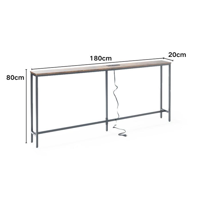 Console étroite FurnitureR, 180 cm (70,8 pouces), idéale derrière un canapé, avec station de charge, ports USB et prise électrique, marron.