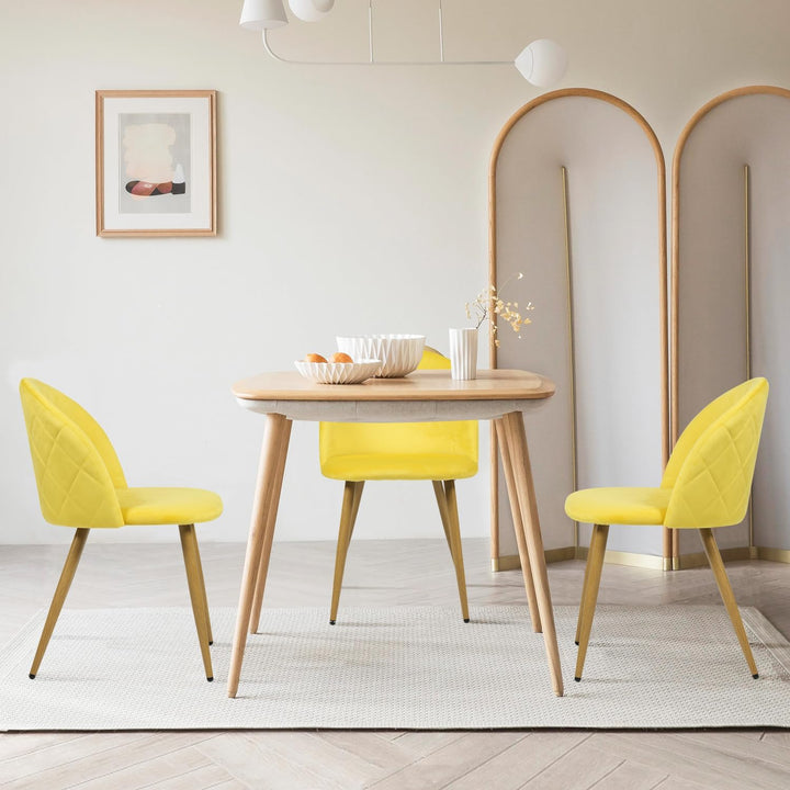 FurnitureR Polsterstuhl aus Samt, mittelhohe Rückenlehne, armlos, mit Holzbeinen, für Küche, Schlafzimmer und Wohnzimmer, 1 Stück, Gelb