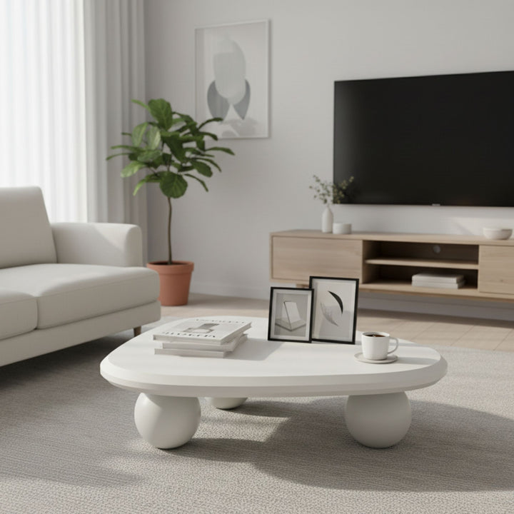 Table basse FurnitureR moderne en MDF blanc avec pieds arrondis sculpturaux, table basse minimaliste crème pour salons contemporains