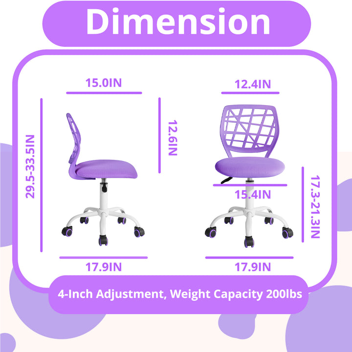 Chaise de bureau FurnitureR, chaise de travail réglable pour ordinateur, avec dossier en plastique et assise rembourrée, pivotante et à roulettes, violette