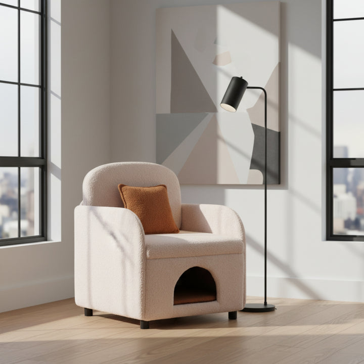 Fauteuil d'appoint FurnitureR moderne en peau de mouton retournée crème avec panier pour chat dissimulé, fauteuil lounge rembourré pour animaux de compagnie avec coussin marron chaud