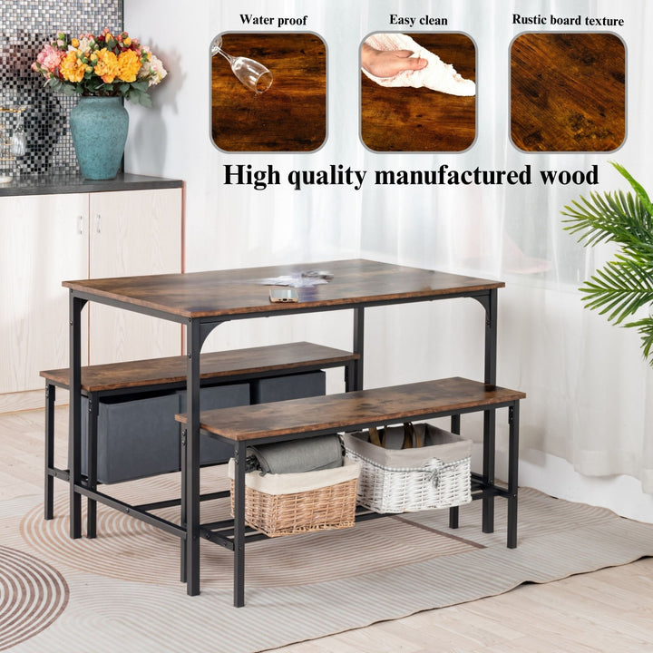 Ensemble table et bancs 3 pièces FurnitureR pour 4 personnes, style campagnard, marron.