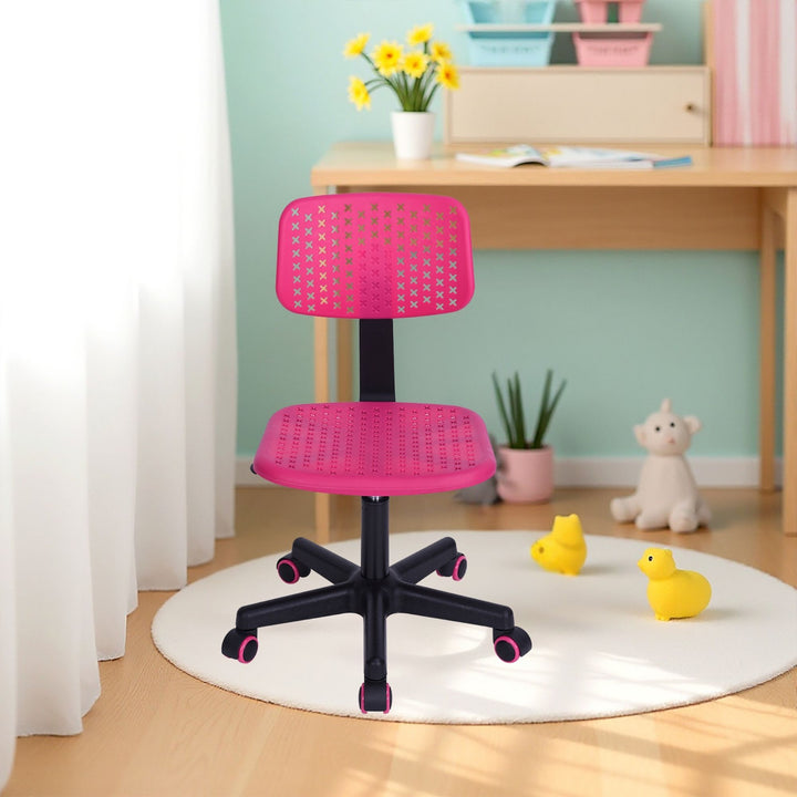 Chaise de bureau enfant FurnitureR sans accoudoirs, chaise de bureau mignonne pour enfants, chaise de bureau à dossier bas en plastique avec dossier bas et assise rembourrée, pivotante et réglable, rose