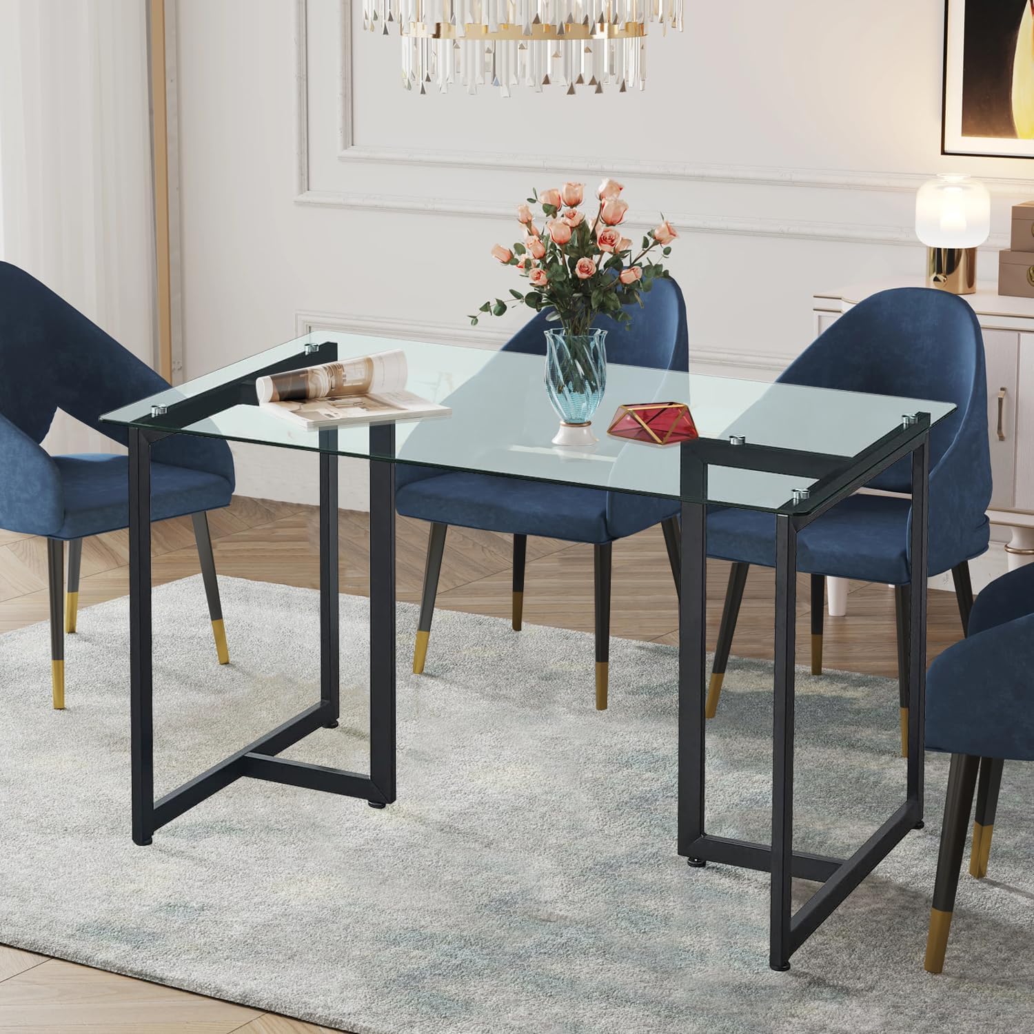 Table de salle à manger en verre FurnitureR de 140 cm (55,1 pouces), table de cuisine rectangulaire moderne avec structure métallique robuste, idéale pour la salle à manger ou le bureau à domicile, noire