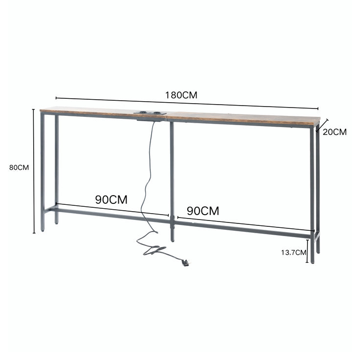 Möbelstück R L180cm Konsolen-Ladestation, schlank, Industrie-Stil, Eingangsbereich mit 2 USB-Anschlüssen, schmaler Beistelltisch für Sofa, Flur, Wohnzimmer, Büro, rustikales Braun, Metall