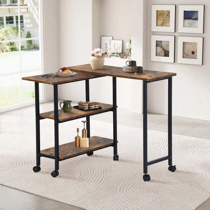 FurnitureR Folding Rolling Side Table for Living Room, Industrial Mobile End Table with Storage Shelves, Rustic Brown