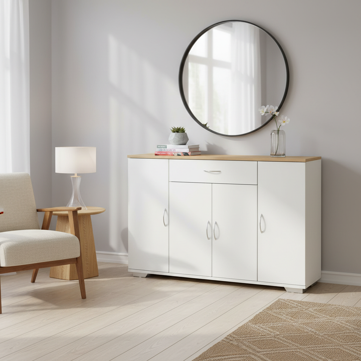 Buffet de style ferme moderne FurnitureR, meuble de rangement, table basse en bois avec tiroir et étagères, 110 cm (43,3 po), style grange