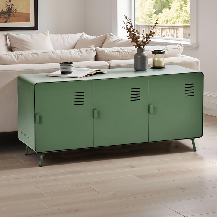 Meuble TV industriel en métal FurnitureR pour téléviseurs jusqu'à 50 pouces, console multimédia 3 portes avec étagères, centre de divertissement de 120 cm (47,24 pouces) pour salon, vert