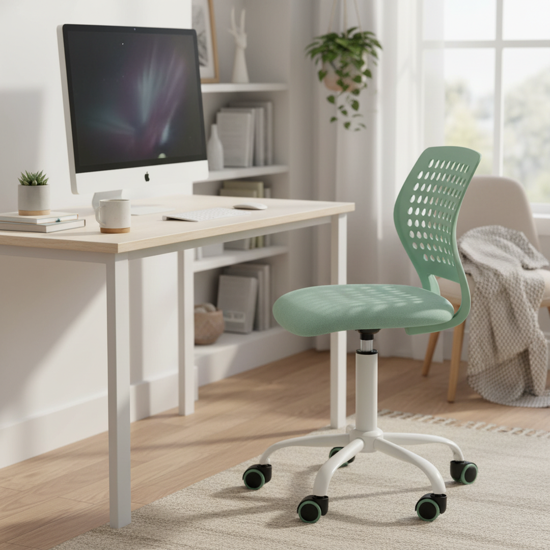 Chaise de bureau sans accoudoirs FurnitureR avec roulettes, compacte, pivotante et réglable en hauteur, idéale pour étudier ou travailler sur ordinateur. Dossier respirant, vert.