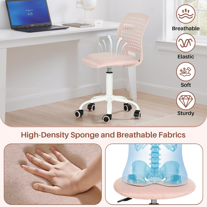 Chaise de bureau sans accoudoirs FurnitureR avec roulettes, compacte, pivotante et réglable en hauteur, idéale pour étudier ou travailler sur ordinateur. Dossier respirant, rose.