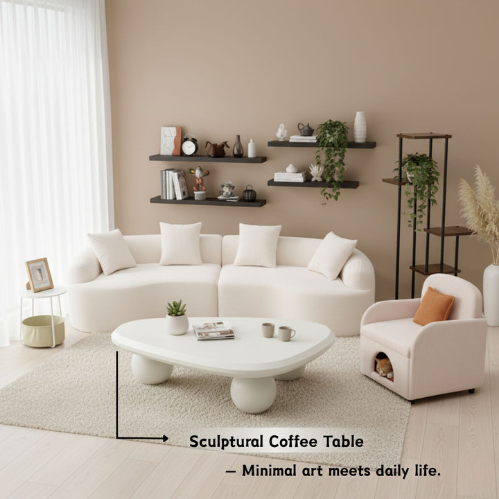 Table basse FurnitureR moderne en MDF blanc avec pieds arrondis sculpturaux, table basse minimaliste crème pour salons contemporains