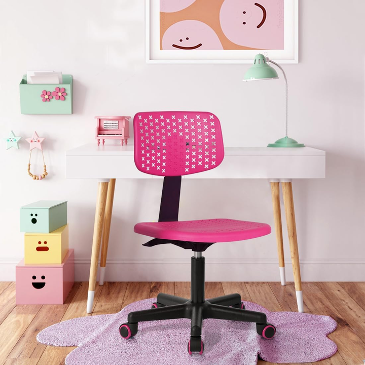 Chaise de bureau enfant FurnitureR sans accoudoirs, chaise de bureau mignonne pour enfants, chaise de bureau à dossier bas en plastique avec dossier bas et assise rembourrée, pivotante et réglable, rose