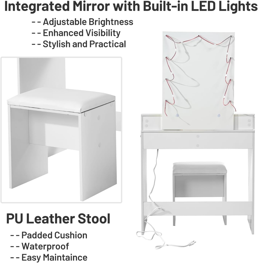 Ensemble coiffeuse FurnitureR, coiffeuse avec miroir et éclairage, ensemble table et tabouret de maquillage, coiffeuse en bois avec 2 tiroirs, blanc