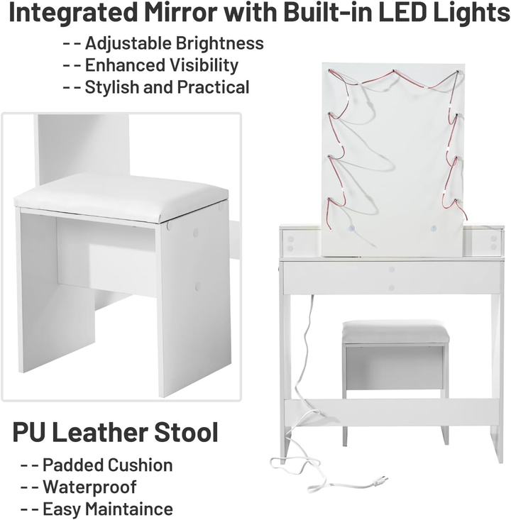 Ensemble coiffeuse FurnitureR, coiffeuse avec miroir et éclairage, ensemble table et tabouret de maquillage, coiffeuse en bois avec 2 tiroirs, blanc