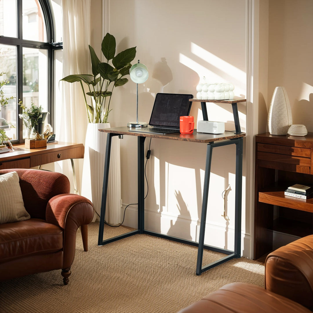 Klappbarer Schreibtisch (80 cm), einfacher, kompakter Schreib- und Arbeitstisch mit abnehmbarem Monitorständer, tragbarer Stehschreibtisch, braun