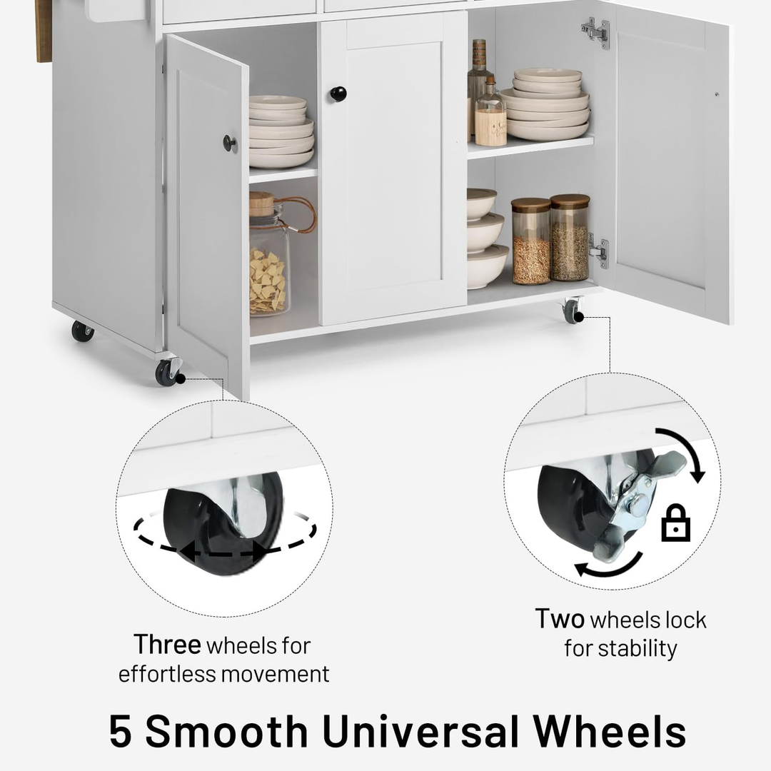 Chariot de cuisine mobile FurnitureR avec abattant rabattable, meuble de rangement de cuisine sur roulettes de 115 cm de large, table de préparation roulante gain de place, blanc