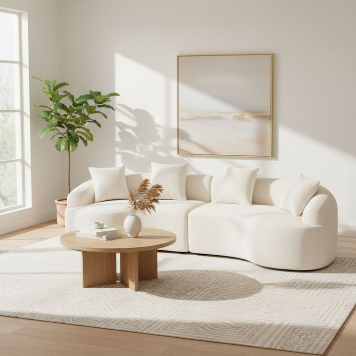 Canapé moderne incurvé en chenille couleur crème de FurnitureR, canapé sculptural contemporain avec coussins moelleux et assise profonde pour un confort optimal