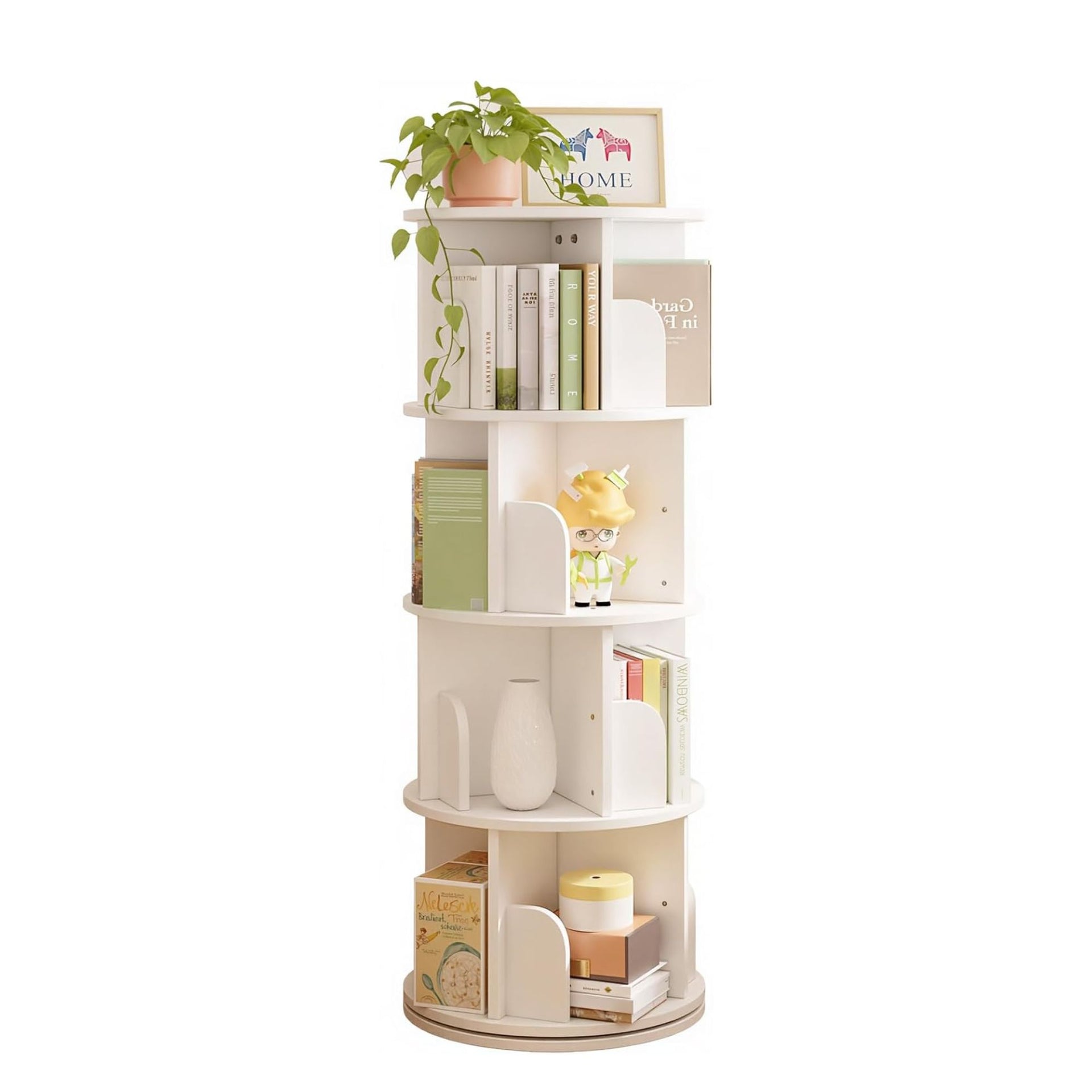 Bibliothèque pivotante à 360° FurnitureR, étagère d'angle pivotante à 4 niveaux, meuble de rangement pour petits espaces, étagère de rangement pour bureau ou salon, blanc
