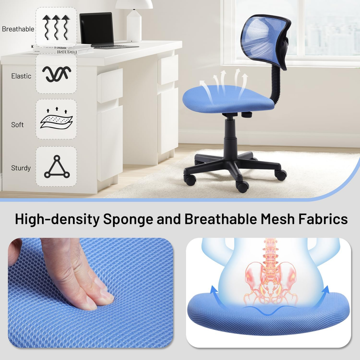 Chaise de bureau FurnituureR à dossier bas, chaise de travail ergonomique sans accoudoirs en maille, pivotante et réglable en hauteur, idéale pour le bureau à domicile ou la chambre, bleue.