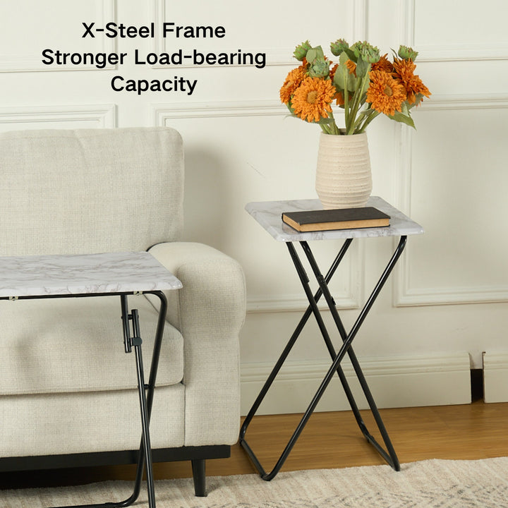 Tables d'appoint pliantes FurnitureR pour téléviseur, plateaux repas pliables, finition marbre, pour lit, canapé, gain de place, lot de 2, blanc 