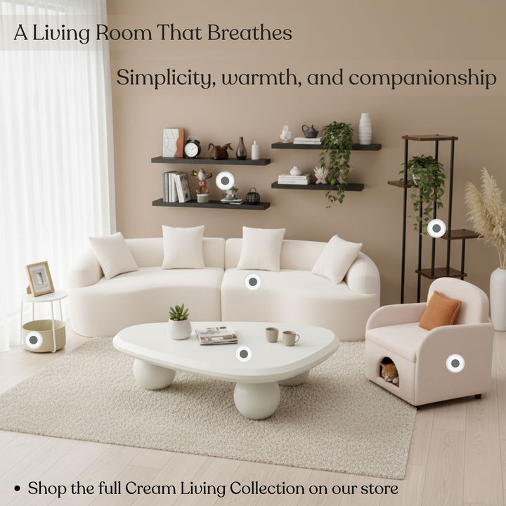 Canapé moderne incurvé en chenille couleur crème de FurnitureR, canapé sculptural contemporain avec coussins moelleux et assise profonde pour un confort optimal