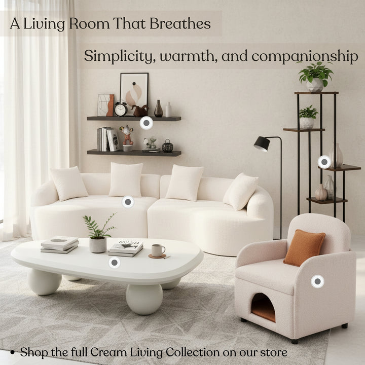 Table basse FurnitureR moderne en MDF blanc avec pieds arrondis sculpturaux, table basse minimaliste crème pour salons contemporains