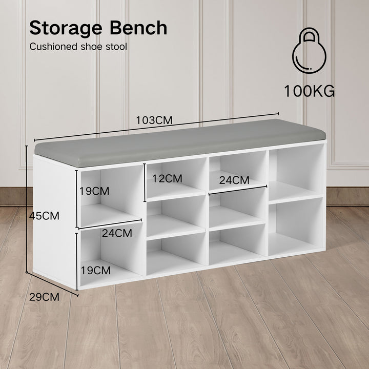 Möbelstück R: Sitzbank mit Schrankfunktion, Holzschrank, Schuhregal mit gepolstertem Kissen, 10 Fächer, für Wohnzimmer, Flur, Schlafzimmer, Eingangsbereich, 103 x 29 x 45 cm, Weiß, Holz