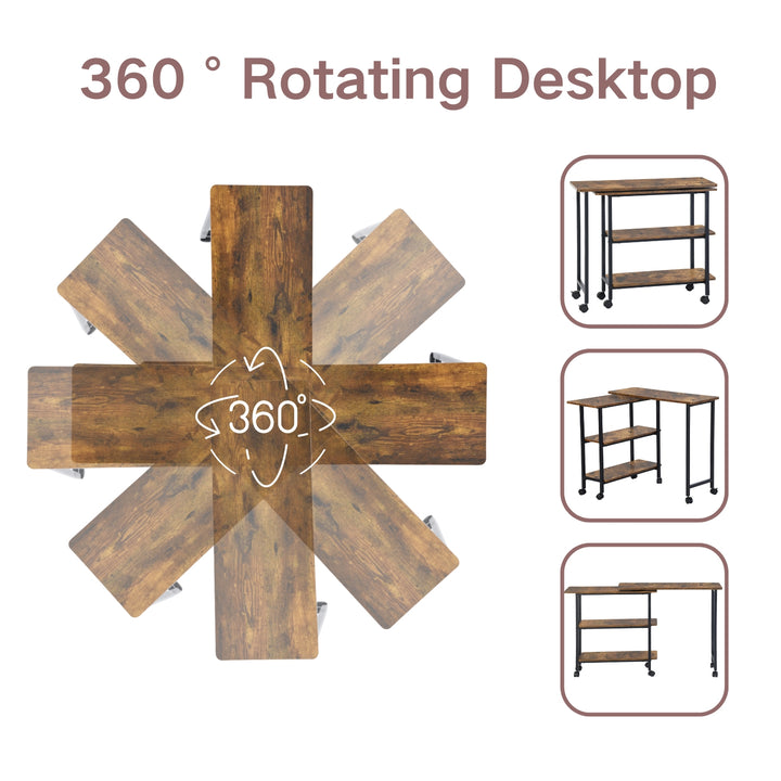 FurnitureR Folding Rolling Side Table for Living Room, Industrial Mobile End Table with Storage Shelves, Rustic Brown