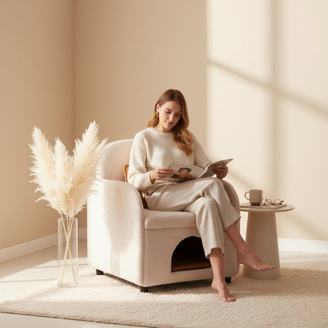 Fauteuil d'appoint FurnitureR moderne en peau de mouton retournée crème avec panier pour chat dissimulé, fauteuil lounge rembourré pour animaux de compagnie avec coussin marron chaud