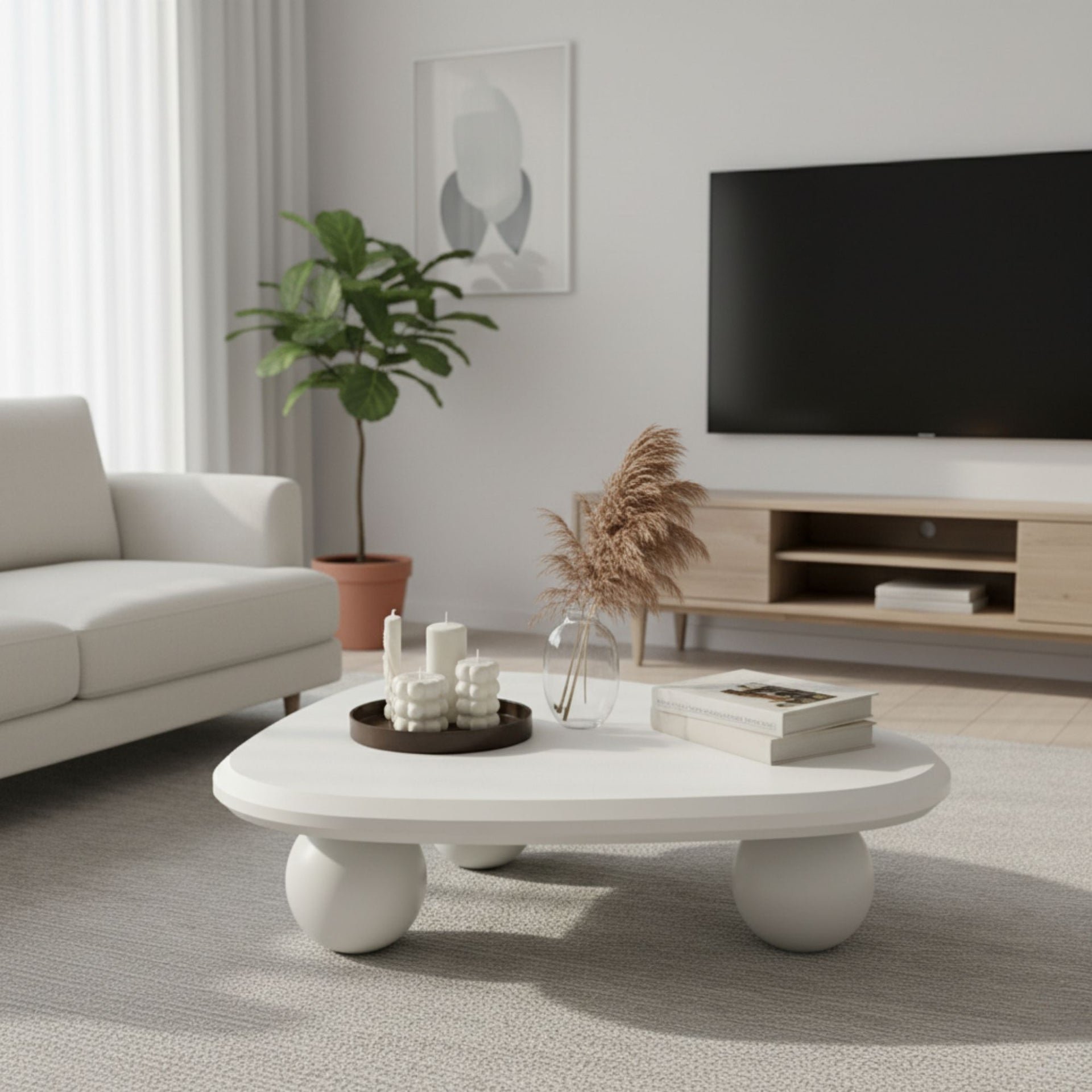 Table basse FurnitureR moderne en MDF blanc avec pieds arrondis sculpturaux, table basse minimaliste crème pour salons contemporains