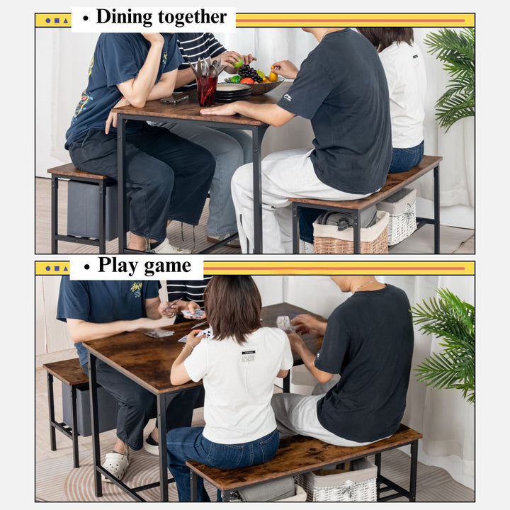 Ensemble table et bancs 3 pièces FurnitureR pour 4 personnes, style campagnard, marron.