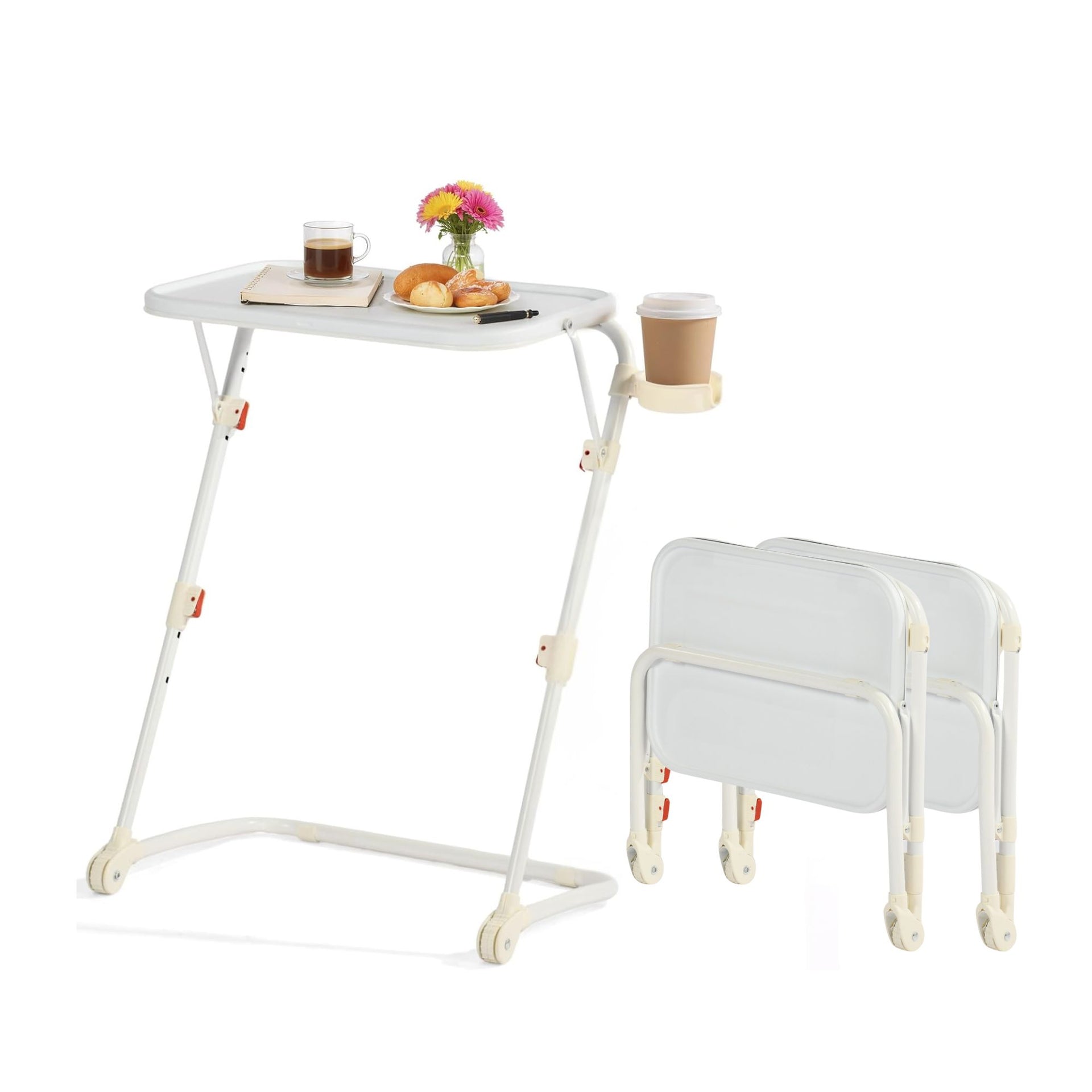 Plateau TV pliable et réglable FurnitureR avec 4 hauteurs et 3 angles d'inclinaison, plateau repas pliable, table d'appoint pour ordinateur portable avec porte-gobelet, canapé, lot de 3. Blanc.