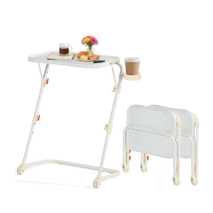 FurnitureR Adjustable Folding TV Tray with 4 Height & 3 Tilt Angle, Foldable Dinner Trays Laptop Snack Table with Cup Holder Sofa, 3PCS. White