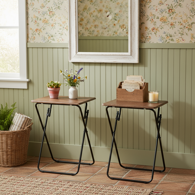 Ensemble de 2 plateaux-repas pliables FurnitureR, plateaux repas pliables, tables d'appoint compactes pour lit, canapé ou fauteuil, structure en métal et plateau en bois, marron