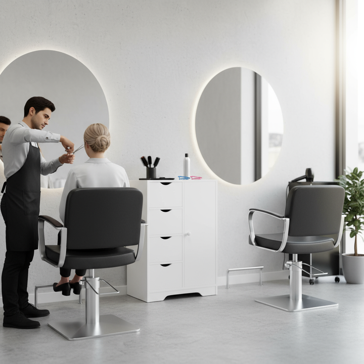 Meuble de rangement FurnitureR avec 4 tiroirs et porte latérale, unité de rangement moderne en bois avec étagères réglables, hauteur 82 cm (32,28 pouces), blanc