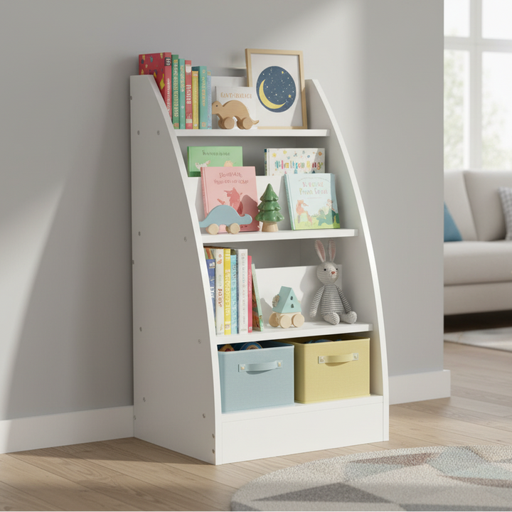 FurnitureR Bücherregal mit 4 offenen Ablagen, kleines Bücherregal aus Holz, Aufbewahrungsorganizer für Spielzimmer, Schlafzimmer, Wohnzimmer
