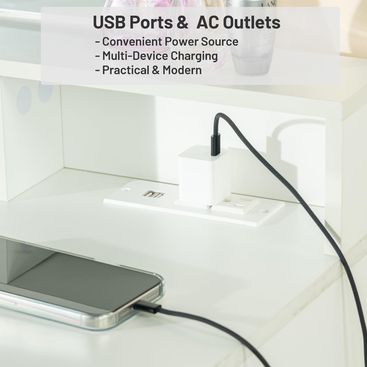 Ensemble coiffeuse FurnitureR, coiffeuse avec miroir et éclairage, ensemble table et tabouret de maquillage, coiffeuse en bois avec 2 tiroirs, blanc