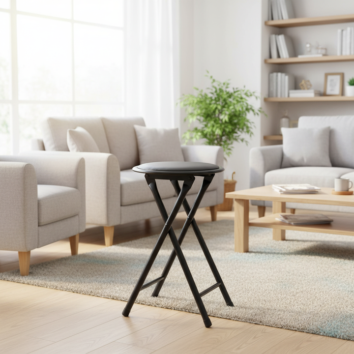 FurnitureR Folding Stools Set of 1, 18-Inch Backless Stool Chairs Collapsible Padded Round Portable for Indoor/Outdoor, Metal Frame, PVC Cushion