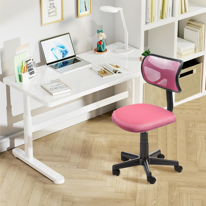 Chaise de bureau FurnituureR à dossier bas, chaise de travail ergonomique sans accoudoirs en maille, pivotante et réglable en hauteur, idéale pour le bureau à domicile ou la chambre, rose.