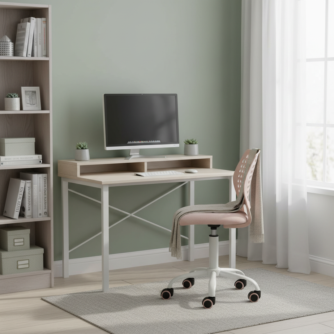 Chaise de bureau sans accoudoirs FurnitureR avec roulettes, compacte, pivotante et réglable en hauteur, idéale pour étudier ou travailler sur ordinateur. Dossier respirant, rose.