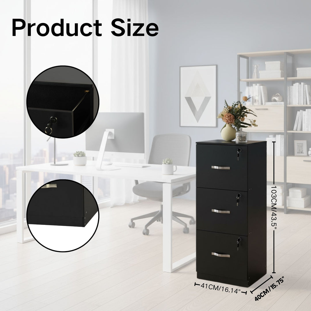 FurnitureR 3 Drawer File Cabinet with Lock, Vertical Office Filing Cabinet for Letter/Legal Size, Storage Organizer, Black