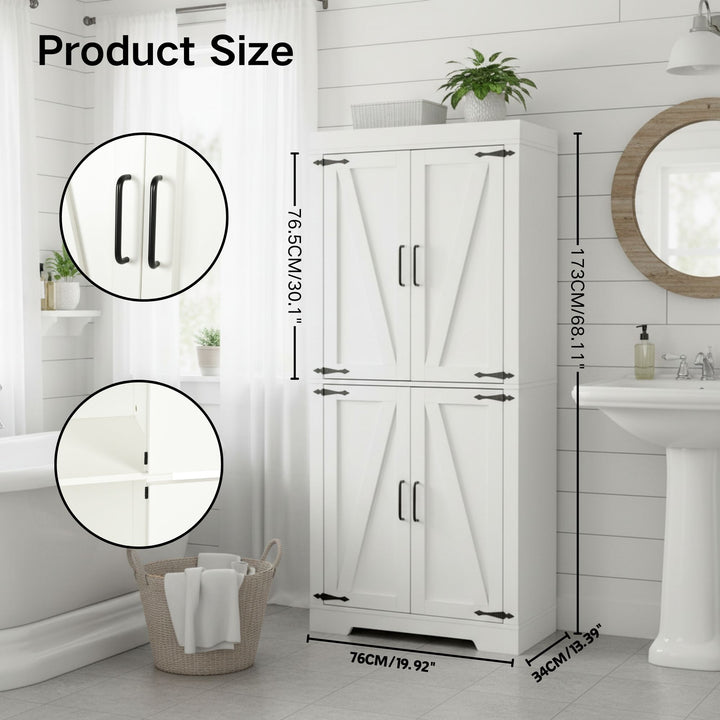 Meuble de rangement de cuisine FurnitureR de 173 cm de haut, armoire autoportante en bois avec 4 étagères et 4 portes, meuble blanc pour salle à manger, salon, bureau