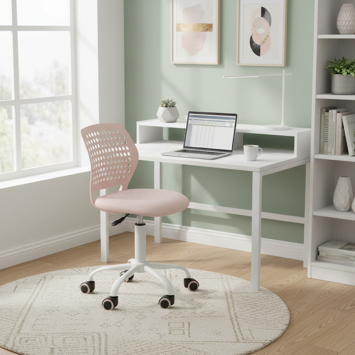 Chaise de bureau sans accoudoirs FurnitureR avec roulettes, compacte, pivotante et réglable en hauteur, idéale pour étudier ou travailler sur ordinateur. Dossier respirant, rose.