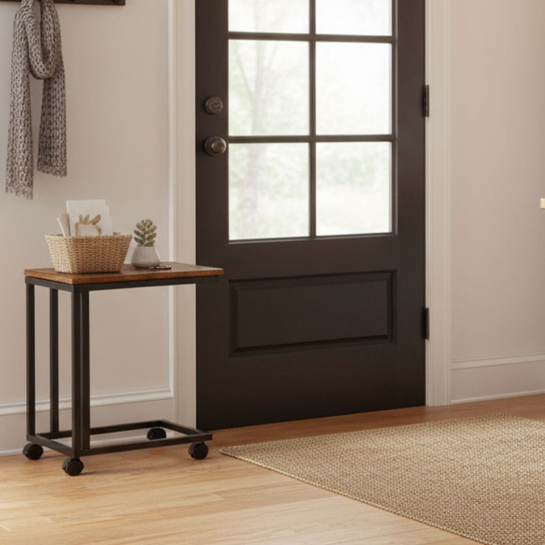 FurnitureR Beistelltisch C-förmig, Snacktisch mit Rollen für Sofa, Couch und Bett, tragbar, einfache Montage, Metallgestell, rustikales Braun