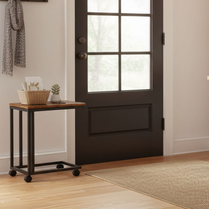 FurnitureR Beistelltisch C-förmig, Snacktisch mit Rollen für Sofa, Couch und Bett, tragbar, einfache Montage, Metallgestell, rustikales Braun