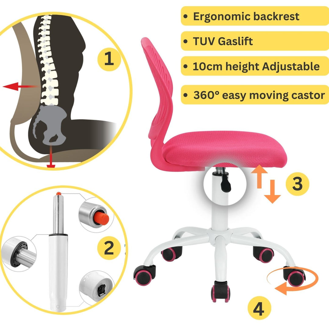 Chaise de bureau FurnitureR sans accoudoirs, mignonne, ergonomique, pivotante, réglable, à roulettes, légère, rose vif
