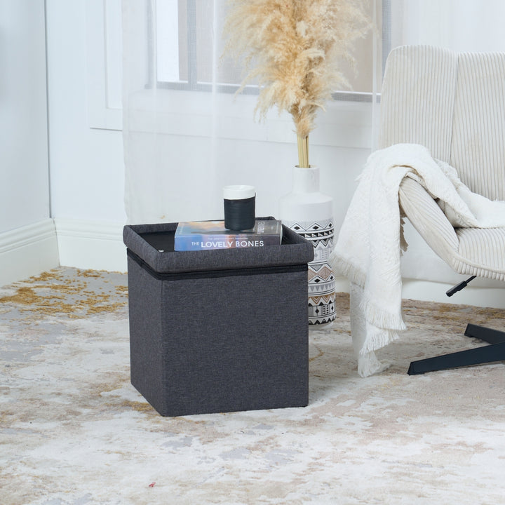 Pouf de rangement FurnitureR, petit pouf pliable cubique avec repose-pieds intégré, idéal pour le salon et la chambre, rembourré, 38 cm (15 pouces), gris